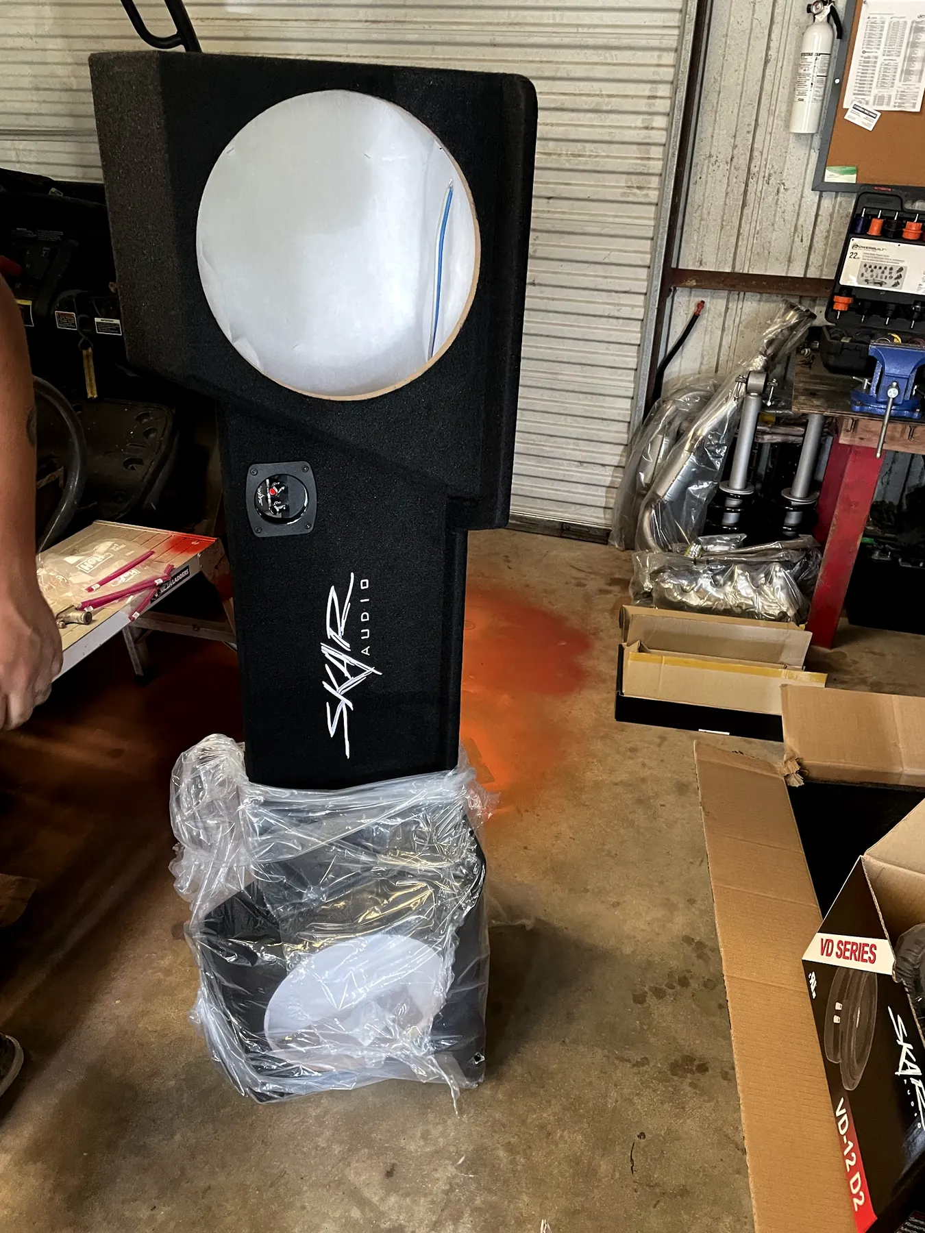 A Skar Audio subwoofer box in our shop