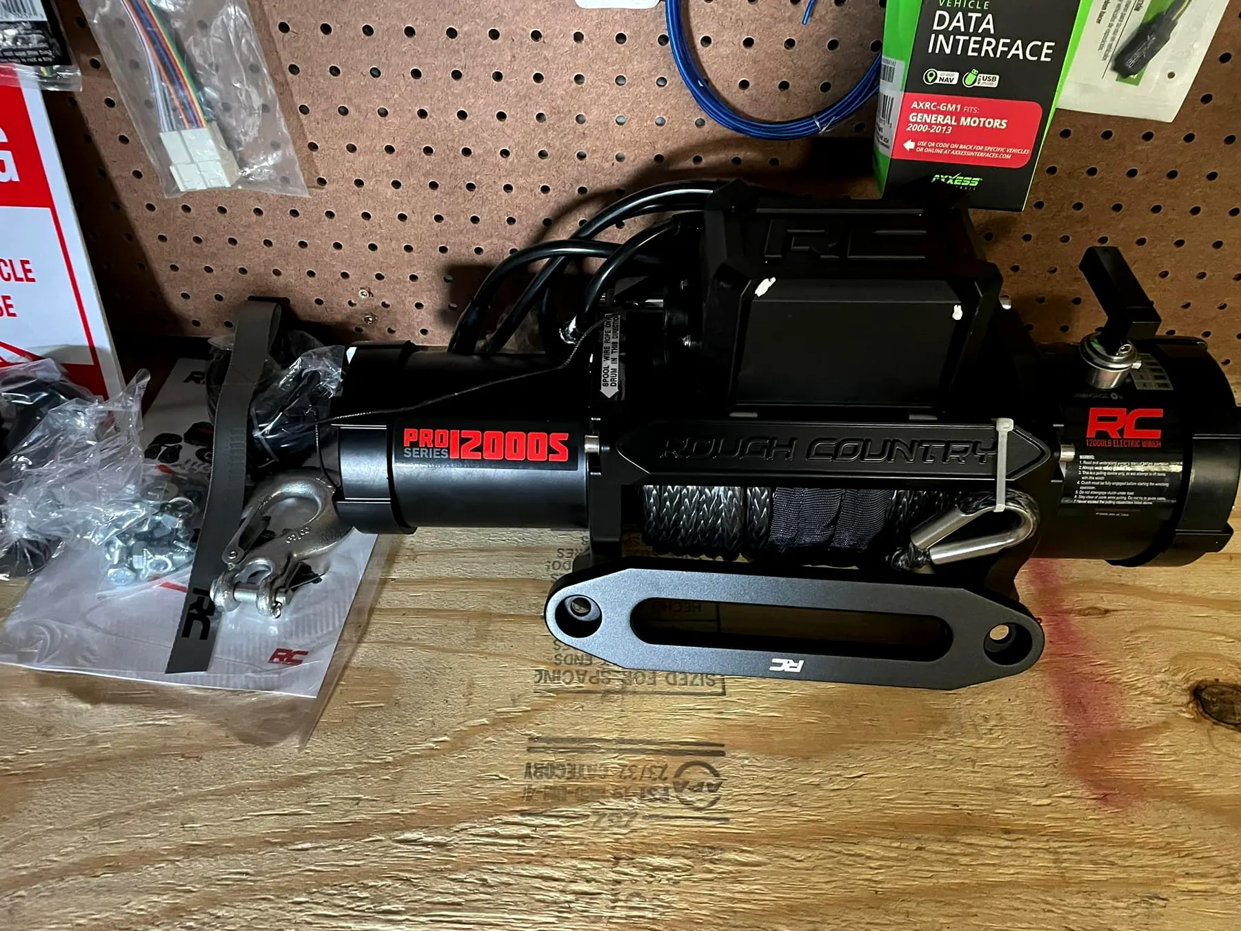 A Rough Country winch in our shop, on the bench before install